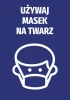 Face mask usage sticker - Graphic design. A white illustration of a person in a mask on a blue background.