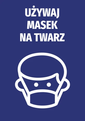 Face mask usage sticker - Graphic design. A white illustration of a person in a mask on a blue background.