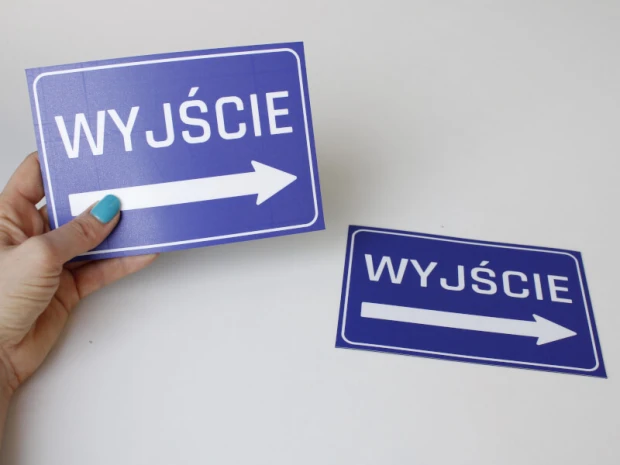 Exit Sticker N059 - Simple design with white EXIT text and arrow on a blue background.