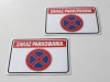 No Parking Sticker N039 - Graphic design. Red rectangle with white text and blue circle with red.