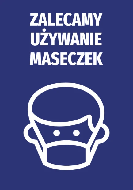 Sticker: We recommend wearing masks - Graphic design. White figure with a mask on a blue background.