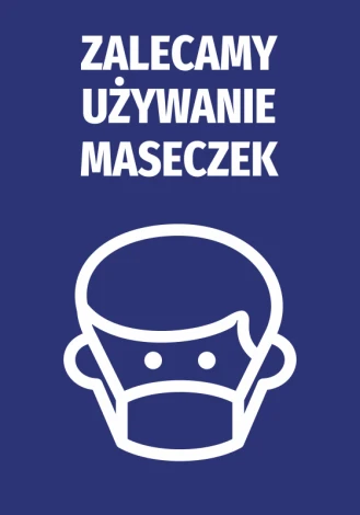 Sticker: We recommend wearing masks - Graphic design. White figure with a mask on a blue background.