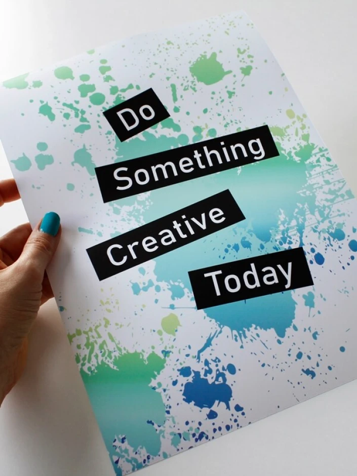 Poster Do Something Creative Today 038 - Graphic design with colorful blue and green splashes on a white background.