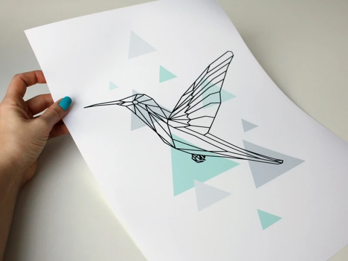 Hummingbird Poster 050 - Graphic design featuring a hummingbird motif with triangular elements in the background.