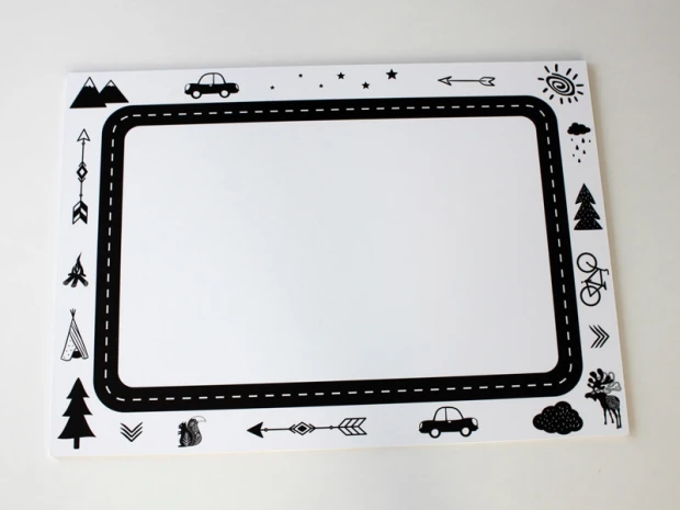 Magnetic dry-erase board for kids, featuring a graphic design with a simple frame and black road and car icons.