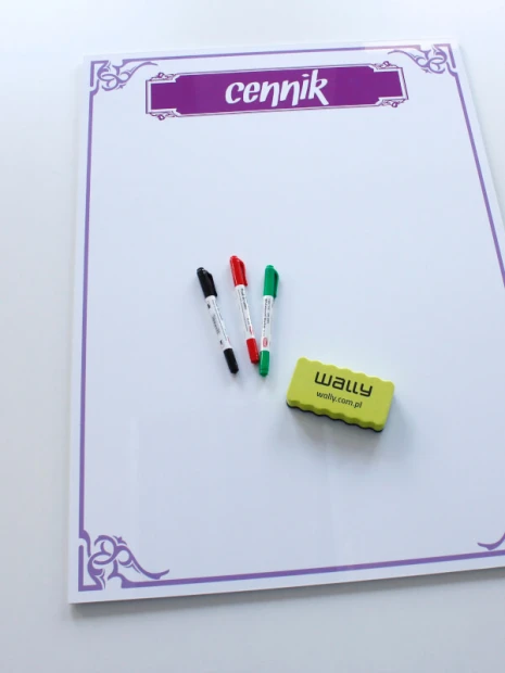 Magnetic whiteboard 035 price list - Graphic design. White surface with purple price list text.