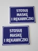 Use mask and gloves sign - Graphic design. Rectangular sign with white text on a blue background.