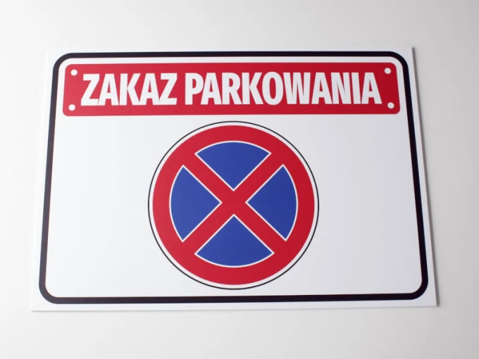 No Parking Sign T039 - Rectangular sign with red text on a white background and blue accents.