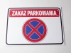 No Parking Sign T039 - Rectangular sign with red text on a white background and blue accents.