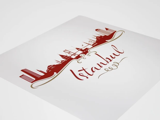 Custom large wall sticker - Graphic design. Red city outline with text and architectural details.