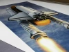Custom large wall sticker - Graphic design. Rocket in flight with fiery exhaust against a sky backdrop.