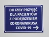 Sticker for emergency room for patients suspected of COVID-19. Blue background with white design.
