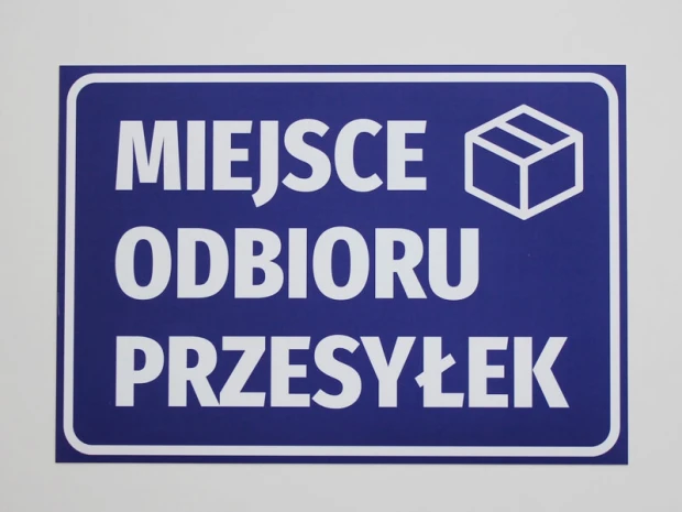 Package pickup location sticker - Graphic design. Blue background with white text and package icon.