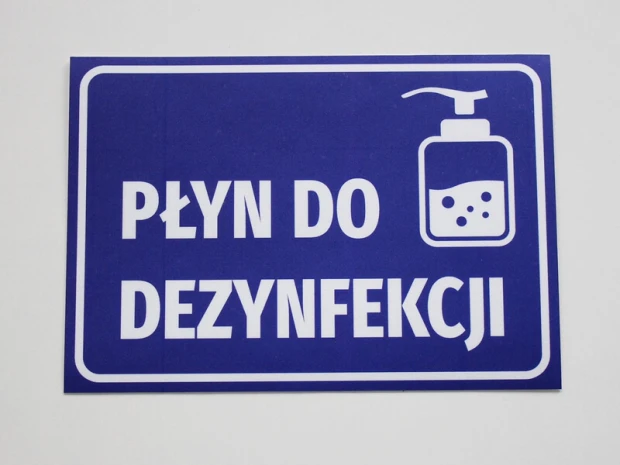 Disinfectant Sticker N415 - Simple design with a blue background, white text, and a bottle icon.