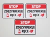 Stop Disinfect Hands Sticker - Red STOP text on white background, with hand and bottle symbol.