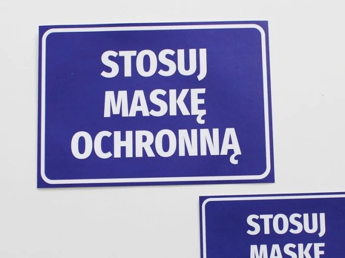 Protective mask required sticker - Simple design with white text on a blue background.