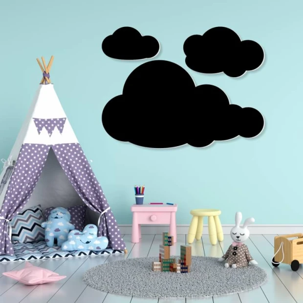 Chalkboard magnetic board for kids with cloud design - perfect for a bright children\'s room with a tent.