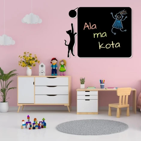Magnetic chalkboard for kids, cat design 065 - Decorated in a pink room with white furniture.