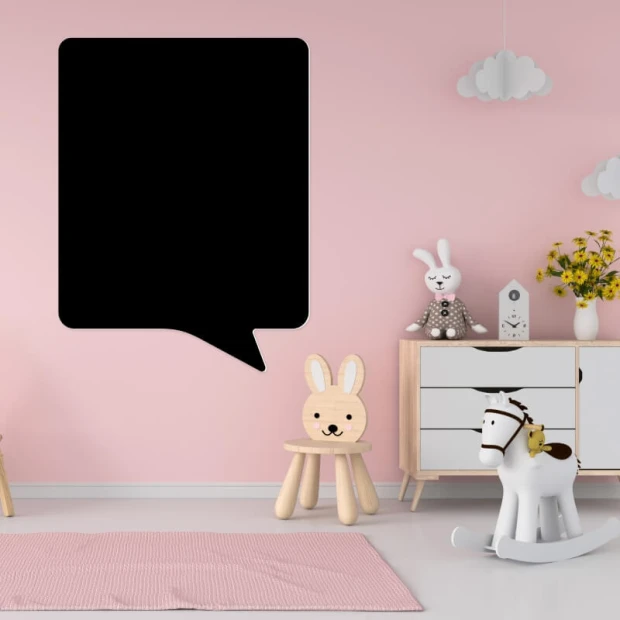 Chalkboard magnetic board 123 - Decorated in a child\'s room with pink walls and light-colored furniture.