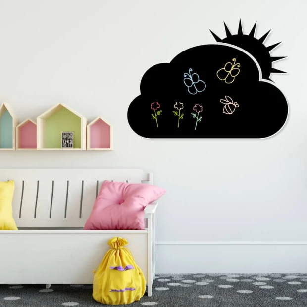 Chalkboard magnetic board for kids, sun and cloud design - perfect for a bright children\'s room decor.