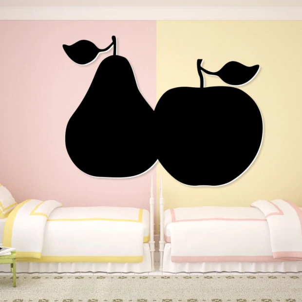 Chalkboard magnetic board pear apple 073 - Decor in a children\'s room with pink and yellow walls.