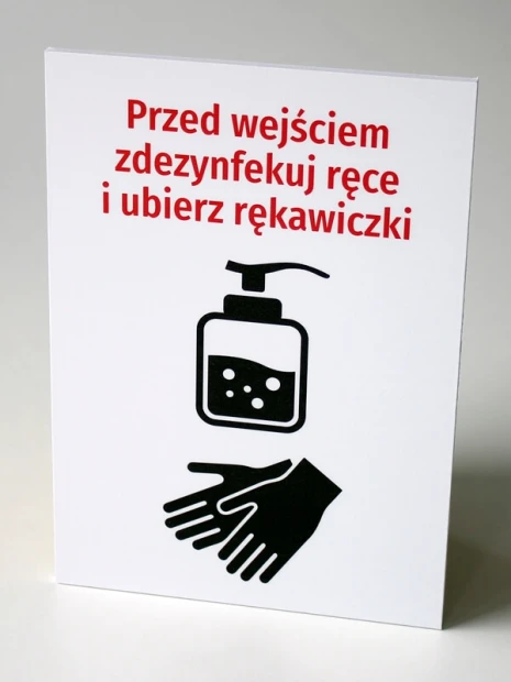 Hand Sanitizing and Glove Reminder Sign - Graphic Design. White sign with red lettering.