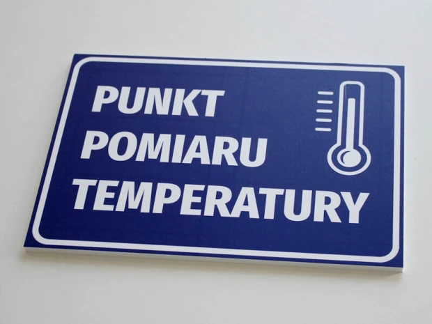 Temperature measurement sign - Simple design with white text on a blue background.