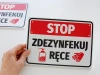 Stop Sign: Disinfect Hands - Graphic design. Red rectangle with white text, dispenser symbol, and hand illustration.