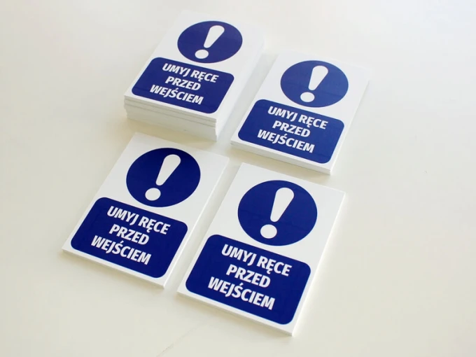 Handwashing sign before entry - Rectangular sign with blue background, white text, and icon.