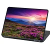 Custom laptop sticker - Graphic design featuring mountains with flowers in purple and pink, set against a sunset.