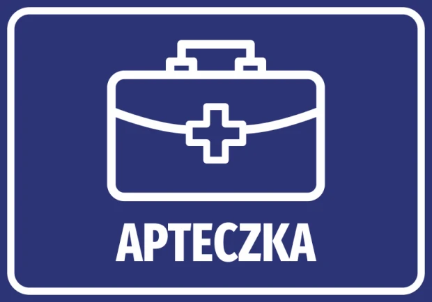 First Aid Sticker - Graphic design featuring a blue background with a white medical bag and text.
