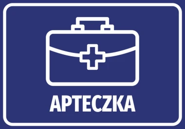 First Aid Sticker - Graphic design featuring a blue background with a white medical bag and text.