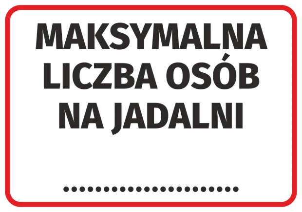 Maximum number of people in the dining area - Graphic design. Text in bold letters on a white background with a red border.