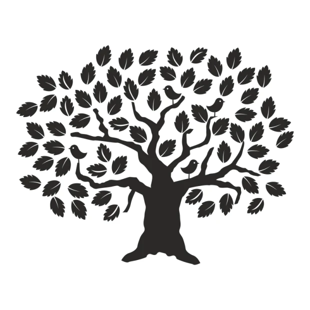 Wall sticker tree 2533 - Graphic design. Tree with branches and leaves, featuring birds perched on it.