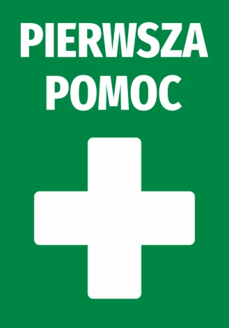First Aid Sticker - Graphic design with a green background, white cross, and large text saying FIRST AID.