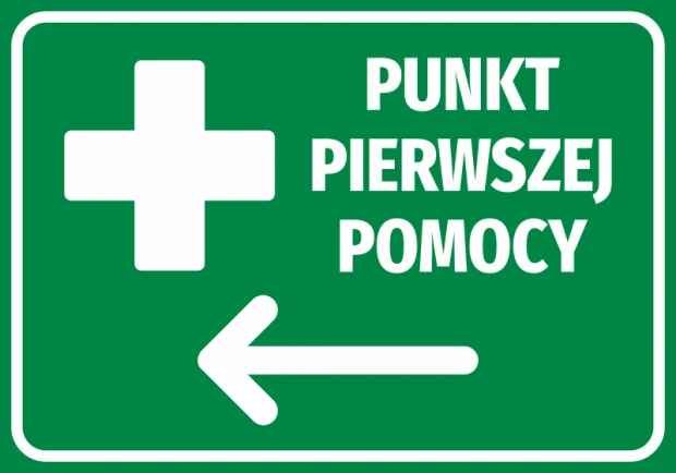First Aid Point Sticker N520 - Graphic design with green background, white cross, and directional text.