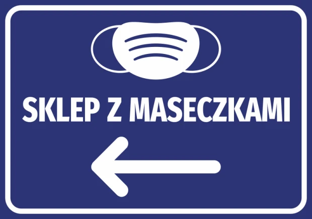 Sticker Shop with Masks N505 - Graphic design. Blue background, white mask graphic, and left arrow.