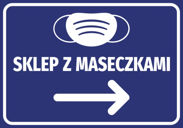 Sticker Store with Masks N506 - Graphic design featuring a white mask graphic and an arrow on a blue background.