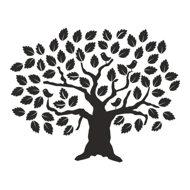Tree wall stencil 2533 - Graphic design featuring a tree with dense leaves and birds on the branches.