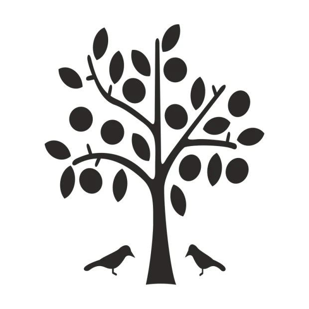 Wall template tree birds 2534 - Graphic design. Tree with round fruits and leaves, two birds at the base.