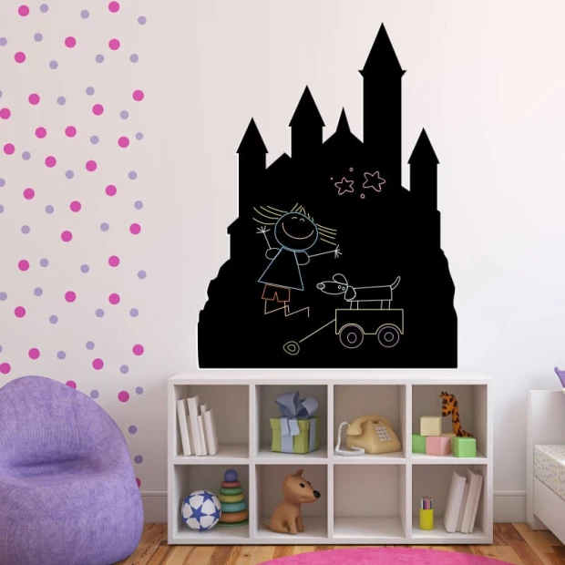 Chalkboard magnetic board for kids featuring a castle design, perfect for bright children\'s room decor.
