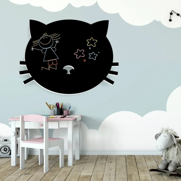 Chalkboard magnetic board for kids featuring a cat, styled in a bright children\'s room with wooden flooring.