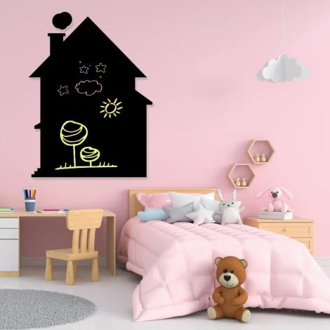 Chalkboard magnetic board house 262 - Decor in a children\'s room. Pink walls, light-colored furniture.