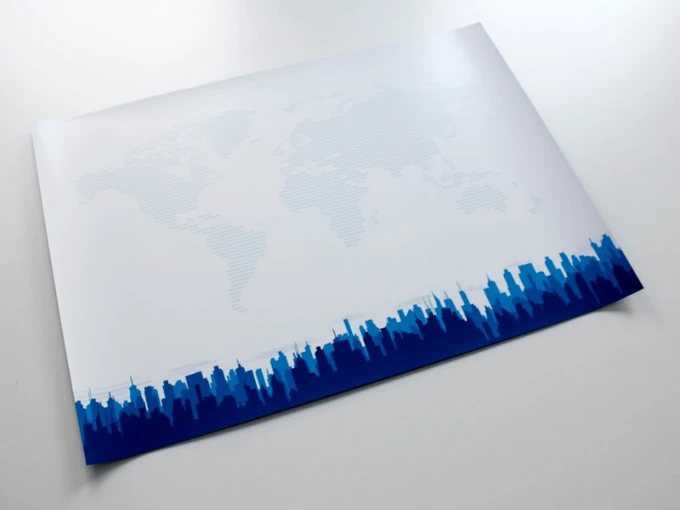 Magnetic whiteboard city 007 - Graphic design featuring a city outline in shades of blue.