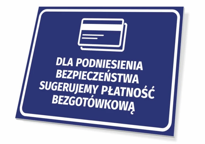Sign for enhanced safety suggesting cashless payment - Graphic design. Blue background with white text.
