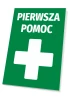 First Aid Sign - Graphic design with a green background, white cross, and text "FIRST AID".