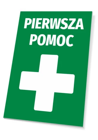 First Aid Sign - Graphic design with a green background, white cross, and text "FIRST AID".