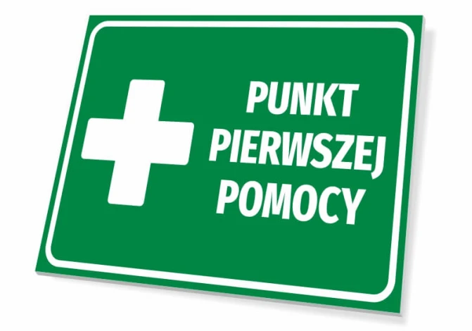 First Aid Point Sign T519 - Rectangular sign with a green background, white cross, and text.