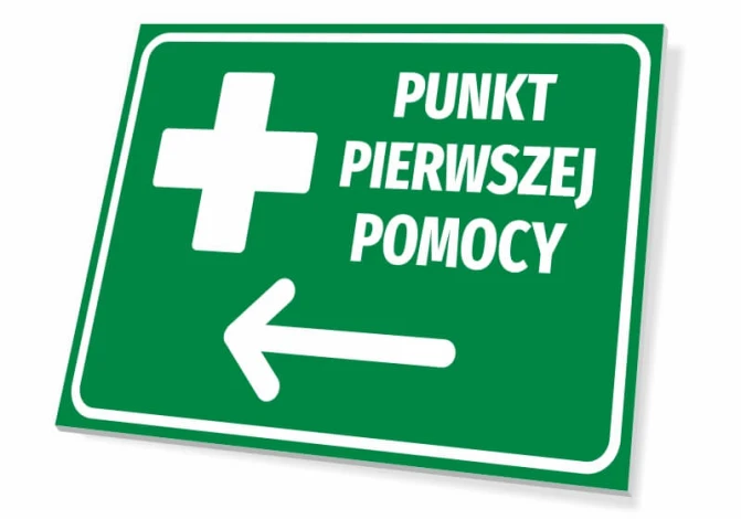 First Aid Point Sign T520 - Rectangular sign with green background, white cross, and text.