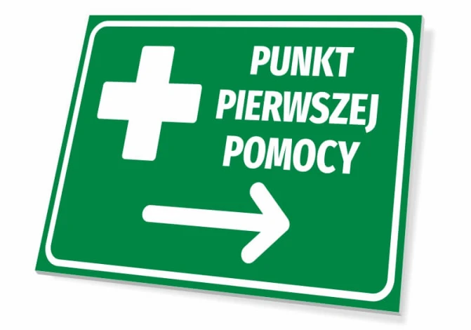 First Aid Point Sign T521 - Green sign with white cross and directional text.